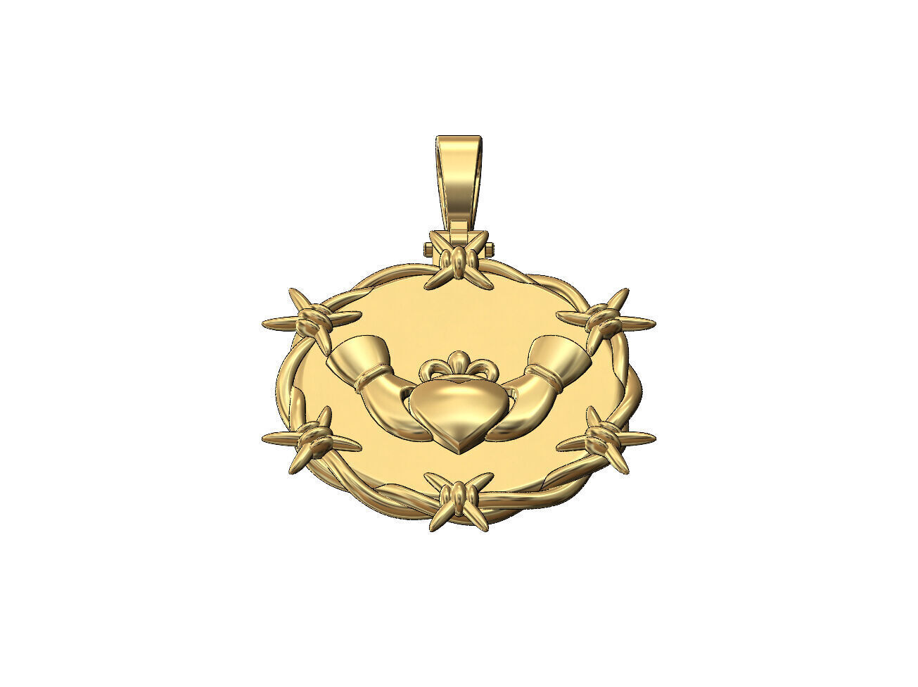 Barbwire Claddagh heart crown round pendant with bail 3D print model_2