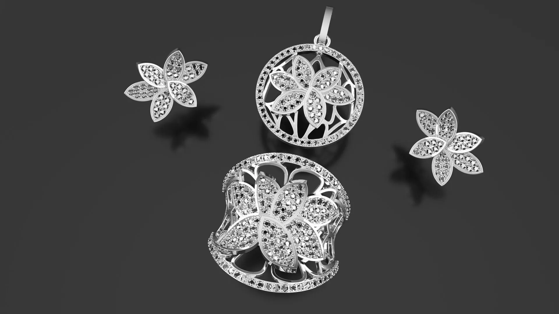 Gold and Diamond Jewelry Collection Ring Pendant Earrings 3D print model