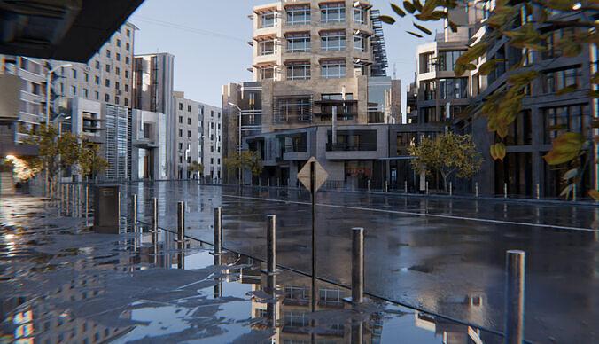 Modern Urban Street Environment - Realistic city and Wet streets 3D model 6