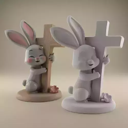 Easter Cute Bunny Hugging a Cross playful symbolic 4 3D print model