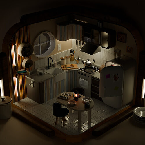 FREE Isometric Cute day-night Kitchen Free 3D model