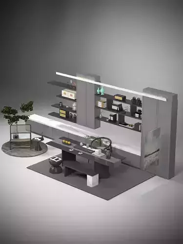 Elegant Workspace with Blue Cabinet and Sleek Desk