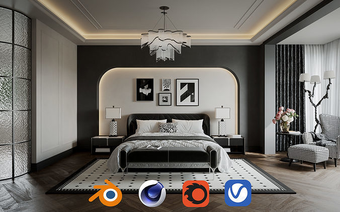 Black and White Luxury Bedroom with Houndstooth Chair 041 3D model
