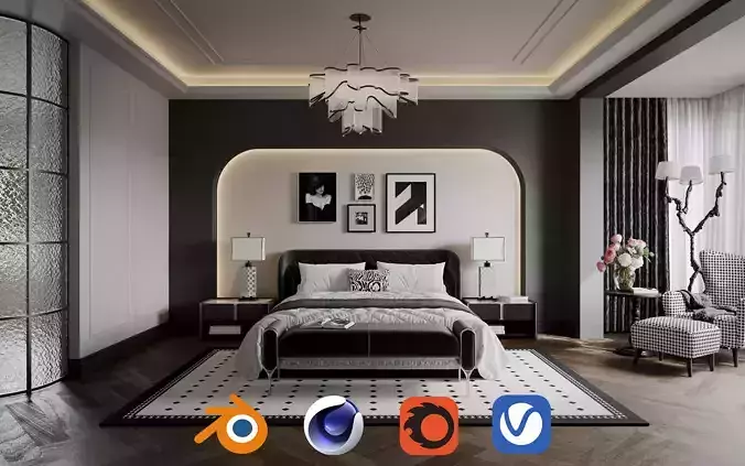 Black and White Luxury Bedroom with Houndstooth Chair 041 3D model