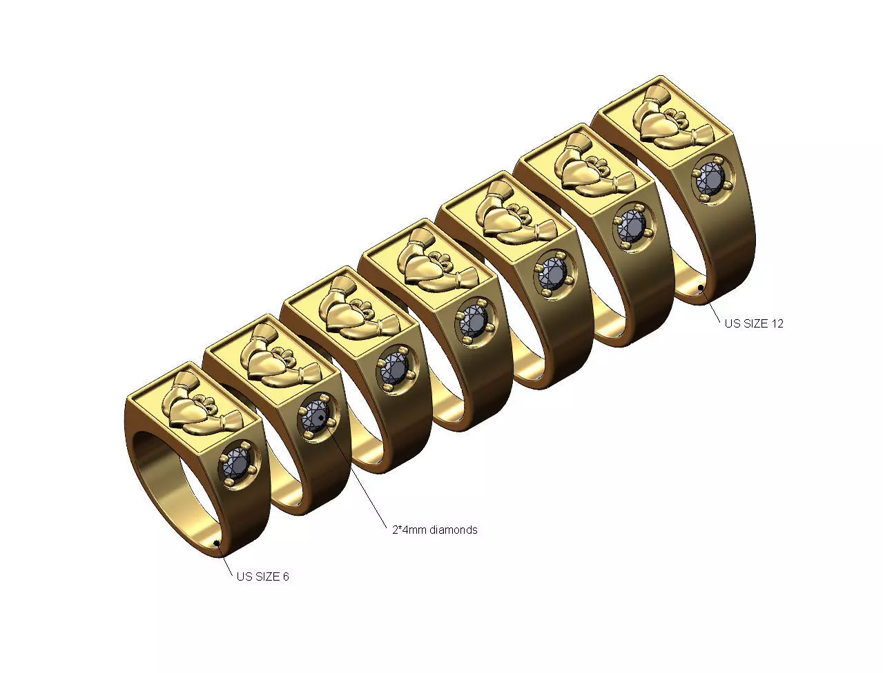 Diamond 4mm sides Claddagh heart crown rectangular signet ring 3D print model