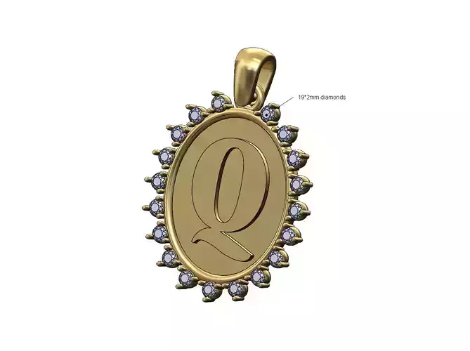 Oval Q initial letter diamond pendant charm