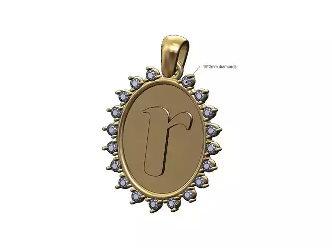 Oval R initial letter diamond pendant charm