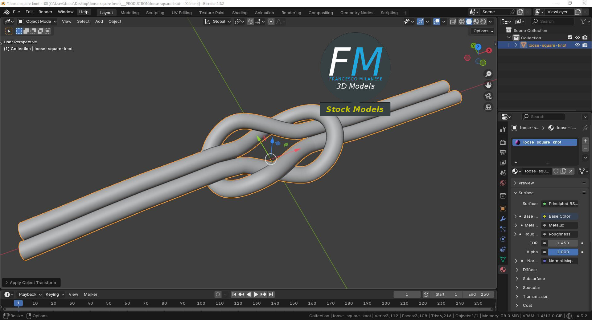 Loose square knot 3D model_9