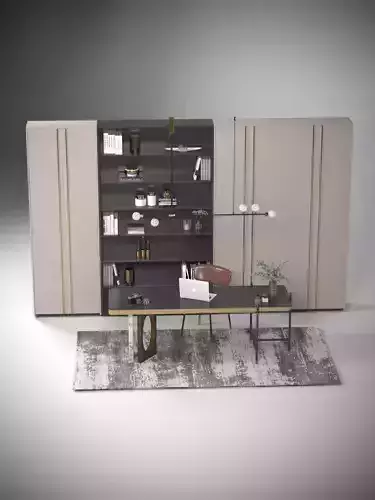 Elegant Office Desk with Bookshelf and Delicate Lighting