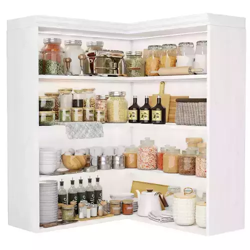 Rack with kitchen utensils spices and oil