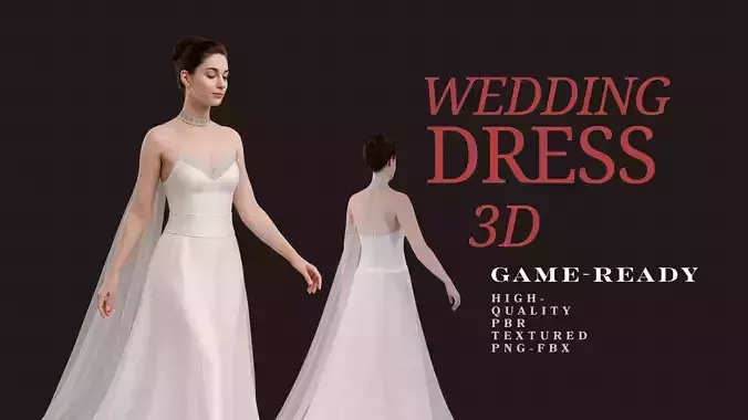 Luxury Wedding Dress - Low Poly Game Ready PBR 3D Model