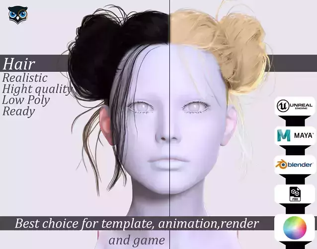 Cute Messy Buns Hairstyle - Realistic 3D Asset