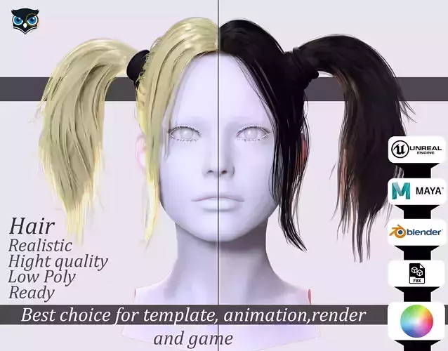 Stylish Twin Ponytails Realistic 3D Hairstyle