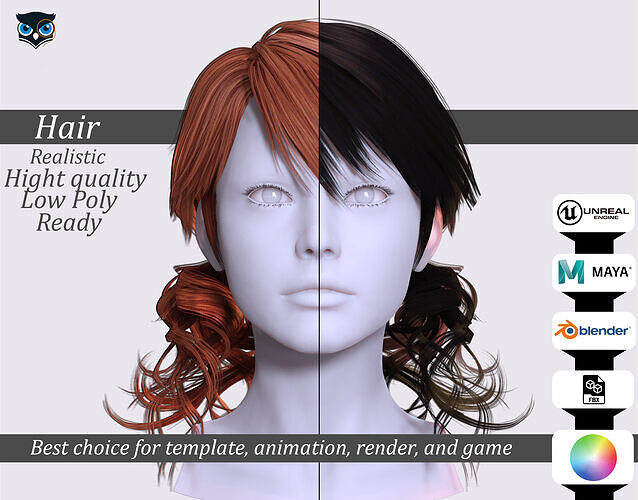 Casual Twin Ponytails Hairstyle - Realistic 3D Hair Low-poly 3D model