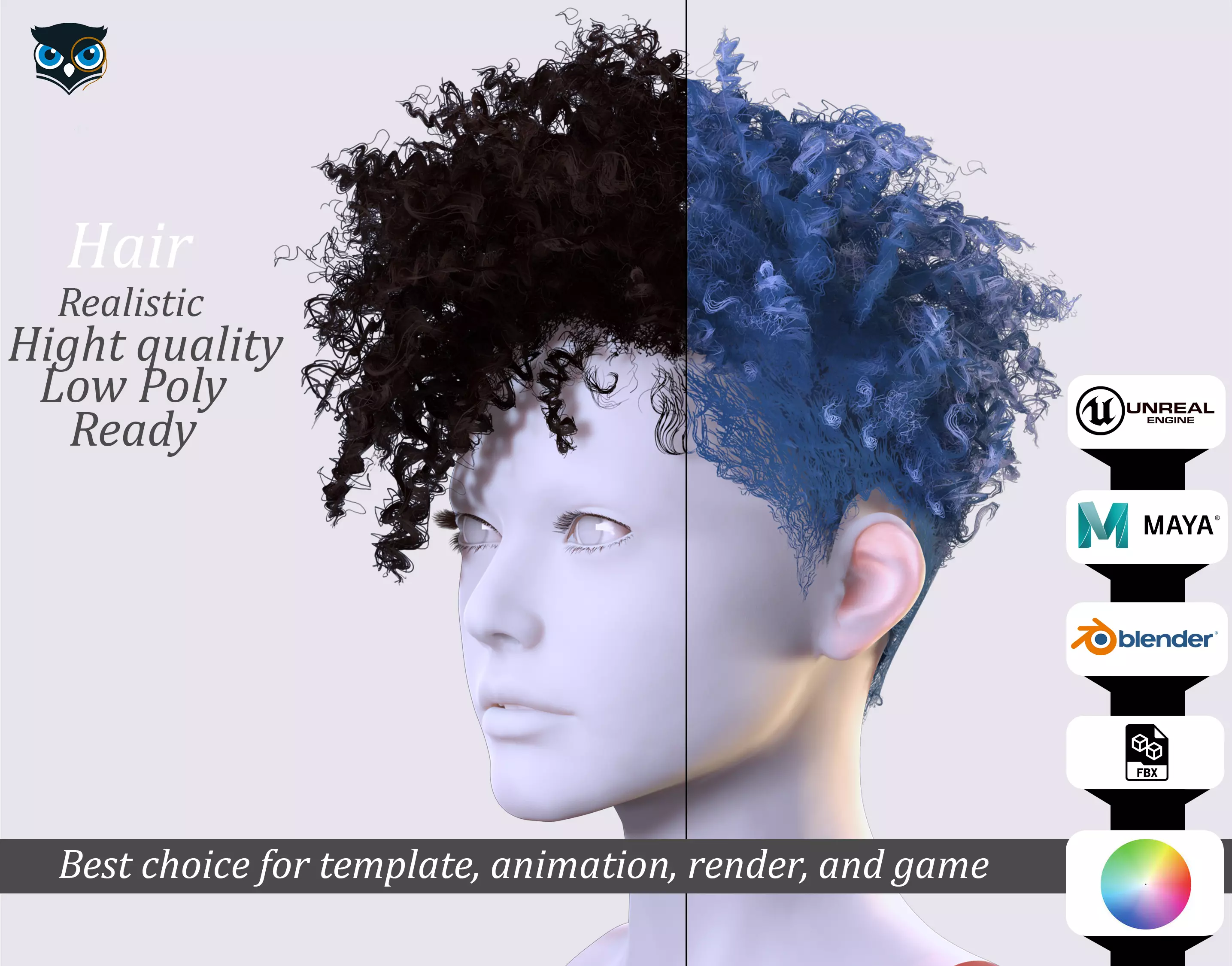 Curly Undercut Hairstyle - Realistic 3D Hair Low-poly 3D model_0