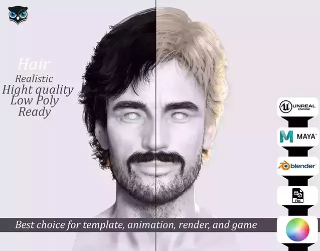 Realistic Male Hair Beard - Game-Ready 3D Asset