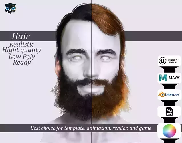 Thick Beard with Classic Hair - Game-Ready Asset Low-poly 3D model