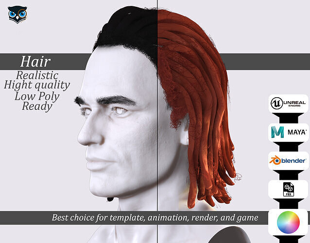 Medium Dreadlocks Hair -Realistic Male 3D Model Low-poly 3D model