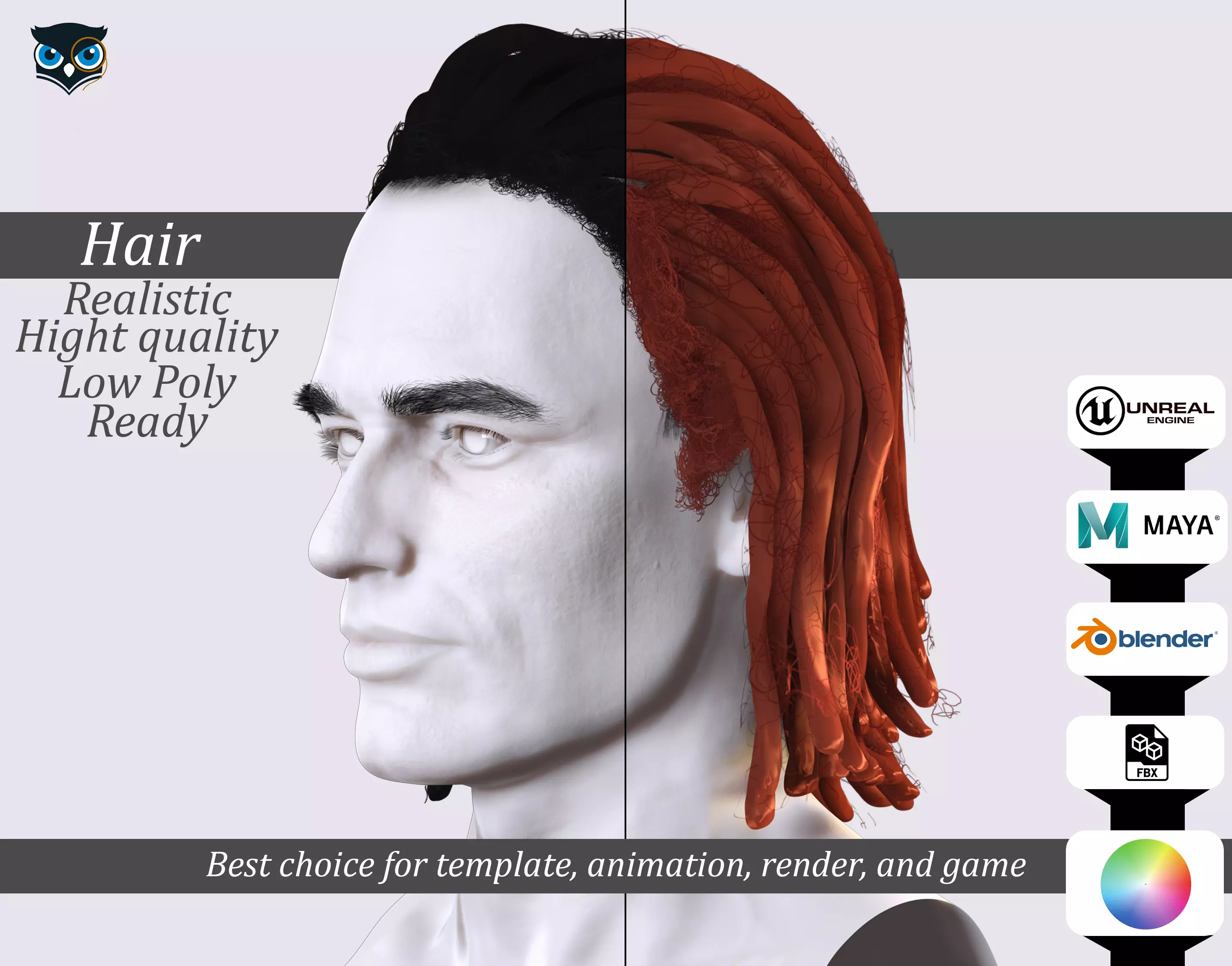 Medium Dreadlocks Hair -Realistic Male 3D Model Low-poly 3D model_0