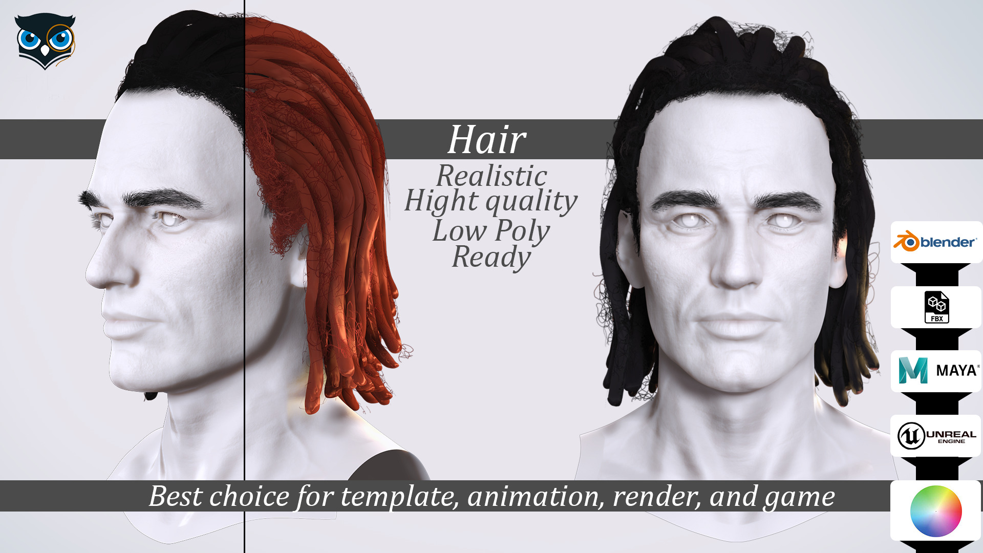 Medium Dreadlocks Hair -Realistic Male 3D Model Low-poly 3D model_1