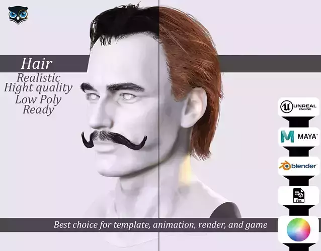 Vintage Male Hairstyle with Mustache -Premium Asset Low-poly 3D model