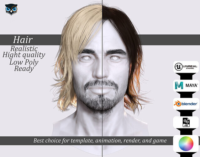 Shaggy Hair Beard Combo - Game-Ready 3D Asset Low-poly 3D model