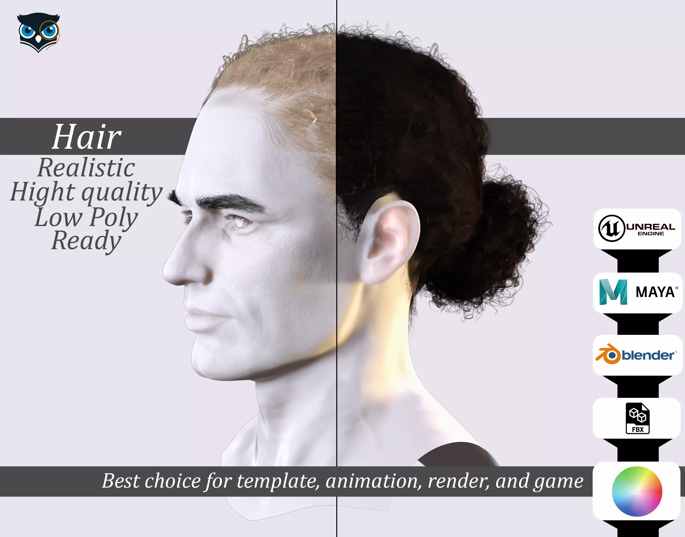 Curly Low Man Bun -Realistic Male 3D Hair Model Low-poly 3D model_0