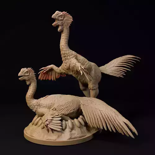 Gigantoraptors protecting nest 1-35 scale pre-supported dinosaur 3D print model