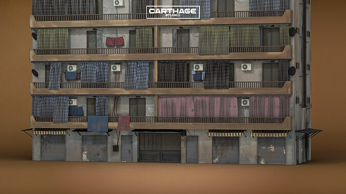 Arabic Neoclassical Mid-Rise Apartment with Balconies Shops Low-poly 3D model 4