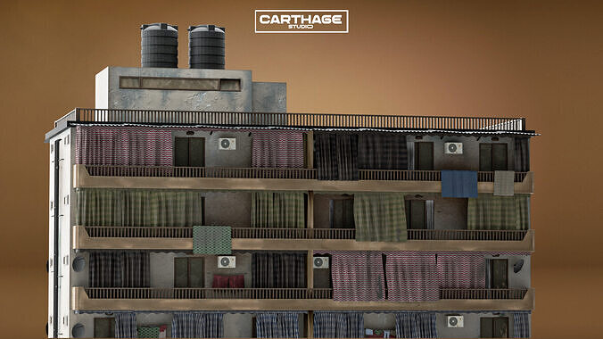 Arabic Neoclassical Mid-Rise Apartment with Balconies Shops Low-poly 3D model 5