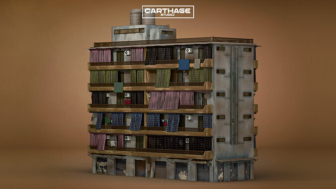 Arabic Neoclassical Mid-Rise Apartment with Balconies Shops Low-poly 3D model 3