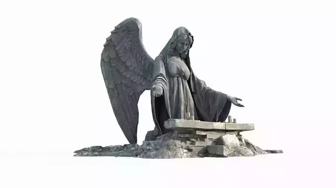 Ancient sculpture of angel with folded wings 3D model