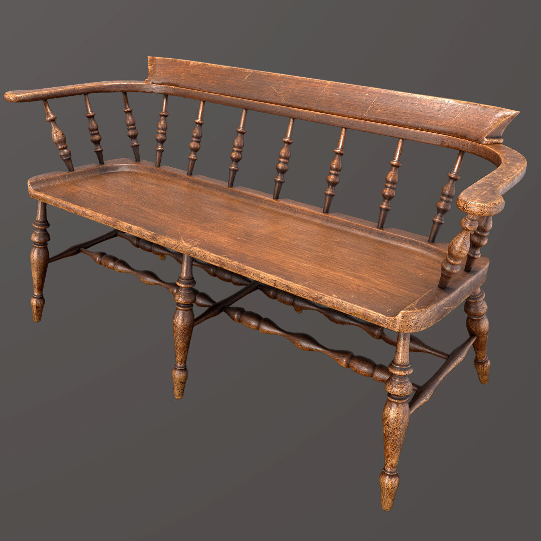 Victorian Chair Bench and Two Tables Low-poly 3D model_1