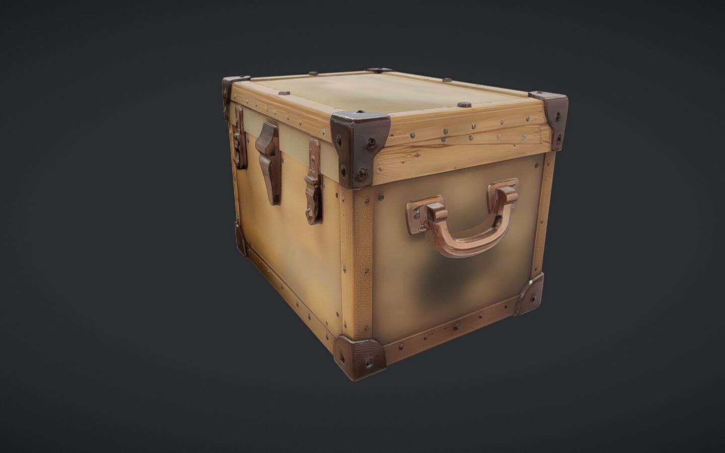 Wooden chest with metal reinforcements 3D model_1