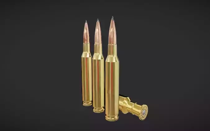 three rifle cartridges upright one lying down