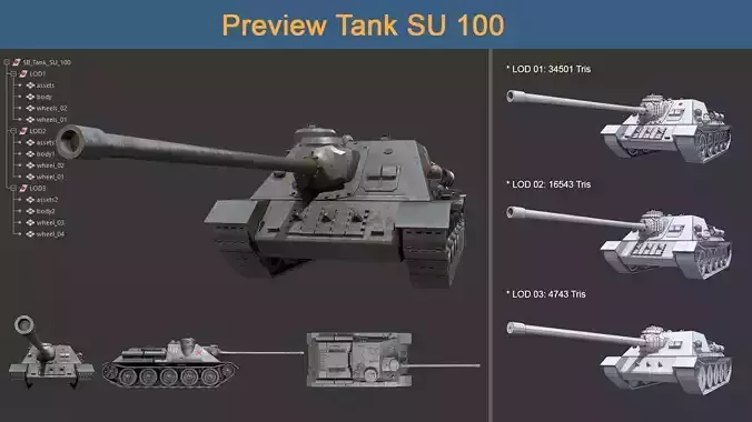 Asset - Army - Tank - Su 100 Low-poly 3D model