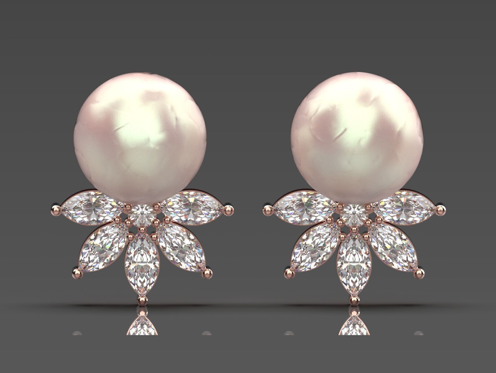 Marquise-cut pearl and diamond STL earrings pe0031 3D print model_17