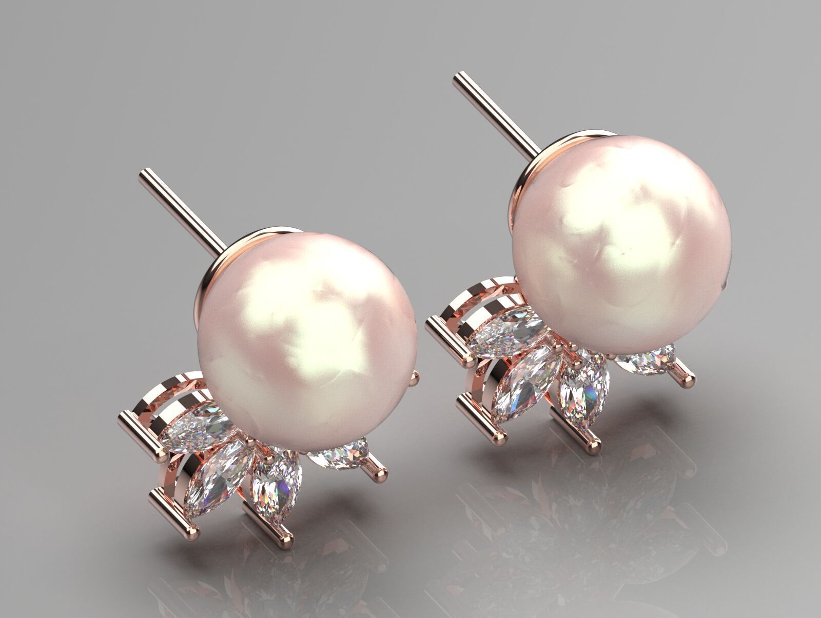 Marquise-cut pearl and diamond STL earrings pe0031 3D print model_16