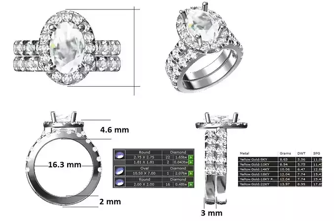 Oval centre Halo ring with matching band STL
