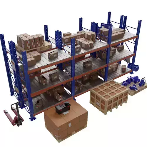 Realistic 3D model of Warehouse Shelf with Pallets Boxes