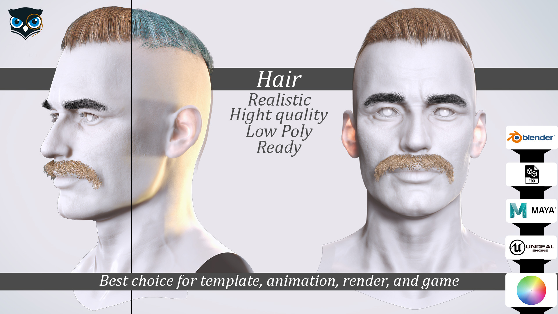 Military Fade with Mustache - Realistic 3D Male Hair Low-poly 3D model_1