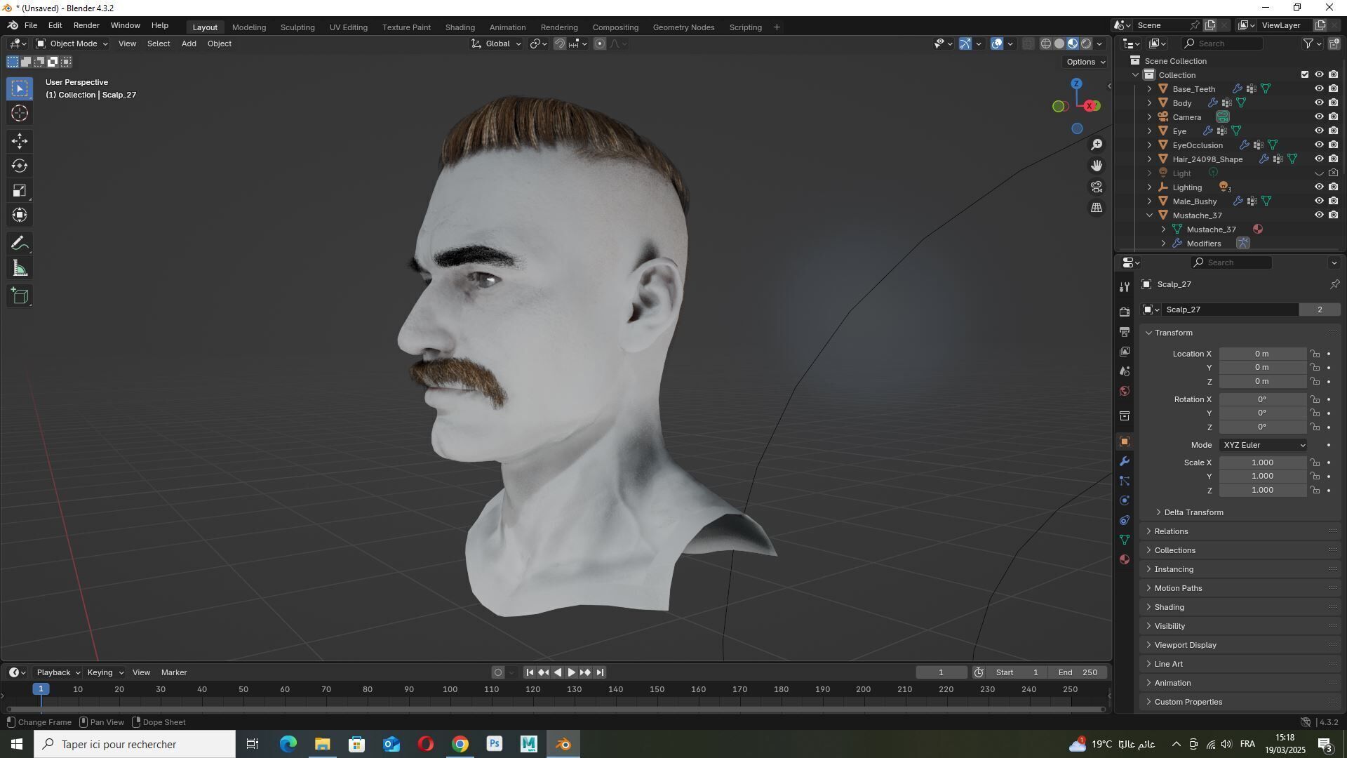Military Fade with Mustache - Realistic 3D Male Hair Low-poly 3D model_8