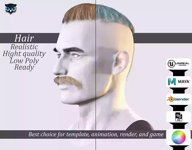 Military Fade with Mustache - Realistic 3D Male Hair