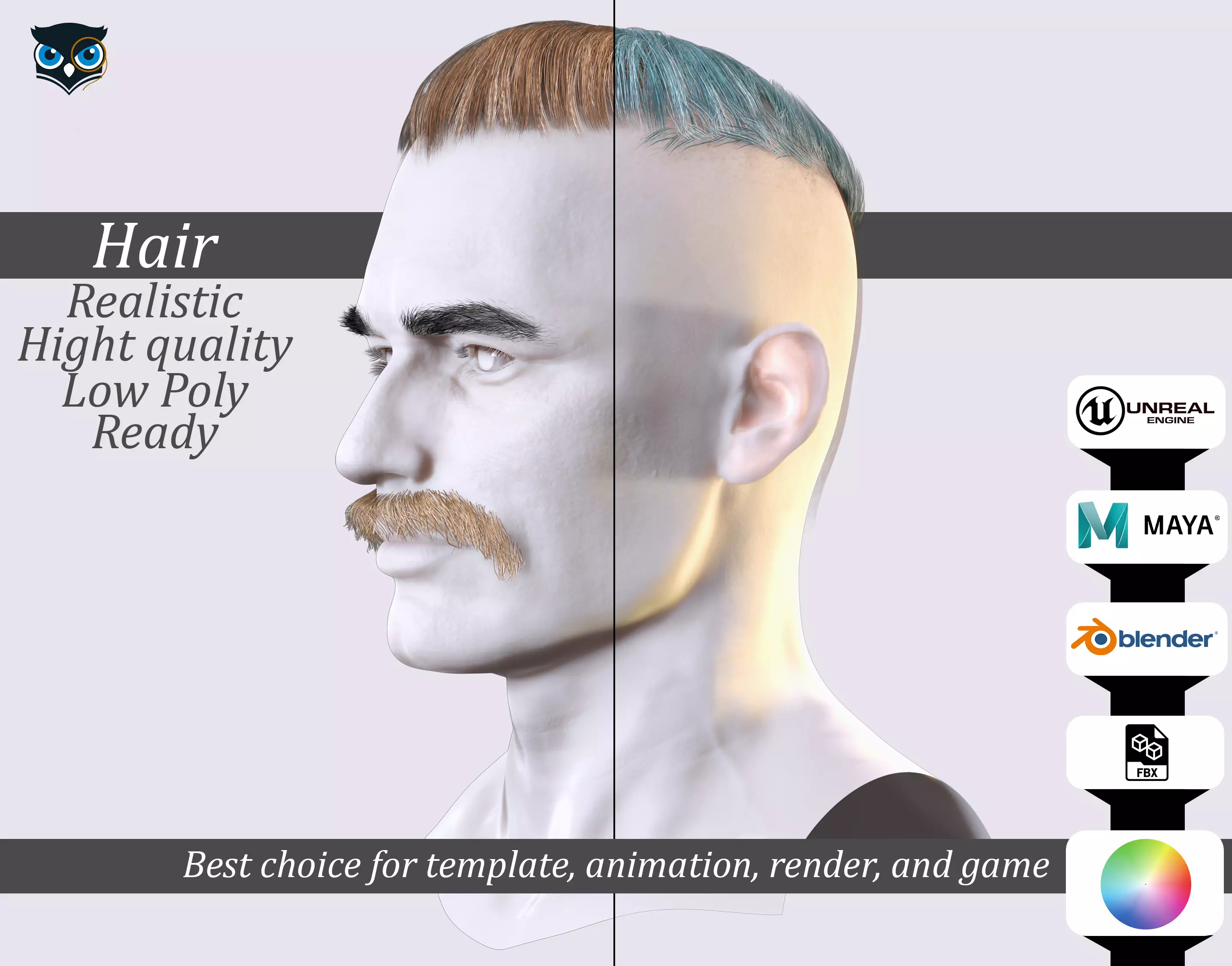 Military Fade with Mustache - Realistic 3D Male Hair Low-poly 3D model_0
