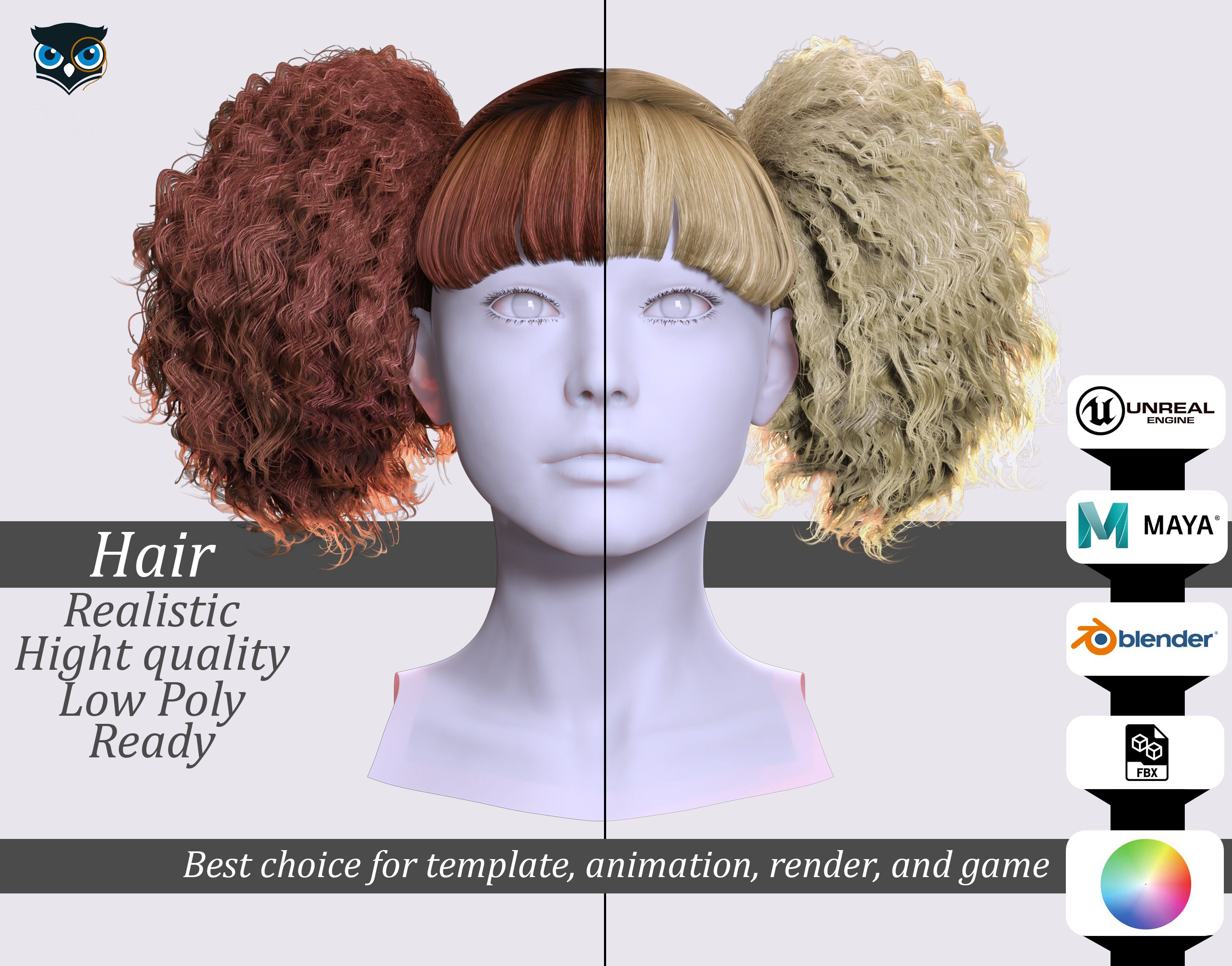 Curly Puff Pigtails with Bangs - Hair for Female Characters Low-poly 3D model_1