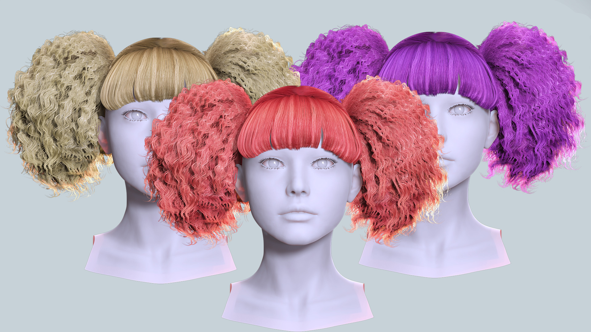 Curly Puff Pigtails with Bangs - Hair for Female Characters Low-poly 3D model_2