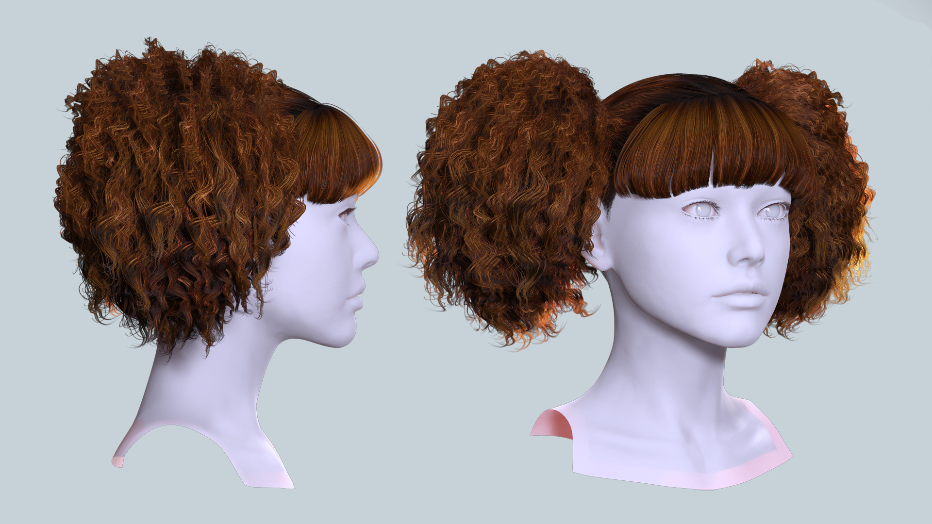 Curly Puff Pigtails with Bangs - Hair for Female Characters Low-poly 3D model_7