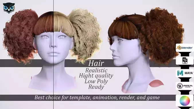 Curly Puff Pigtails with Bangs - Hair  for Female Characters Low-poly 3D model