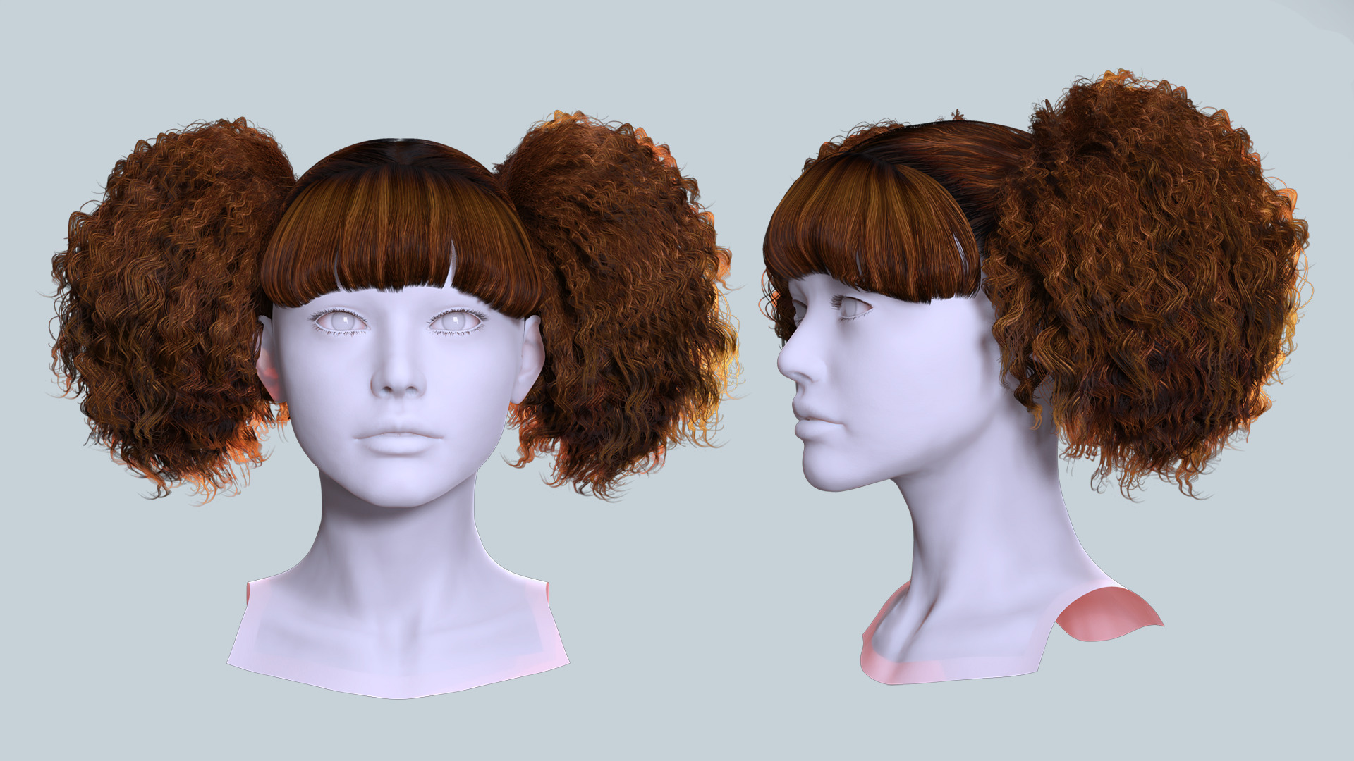 Curly Puff Pigtails with Bangs - Hair for Female Characters Low-poly 3D model_4