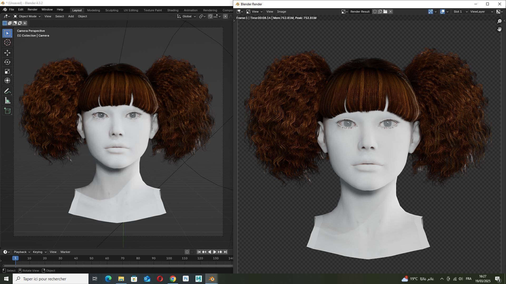Curly Puff Pigtails with Bangs - Hair for Female Characters Low-poly 3D model_12